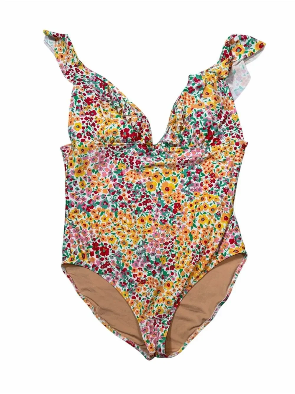 J. Crew Factory Floral Ruffle Shoulder V Neck One Piece Swimsuit Size XL
